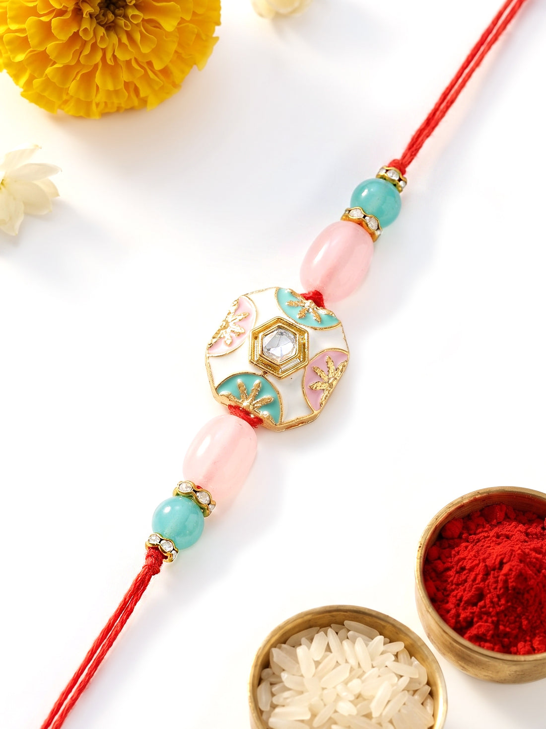 KARATCART Beautiful Pink and Light Blue Meena Handmade Kundan Rakhi for Brother with Roli & Chawal