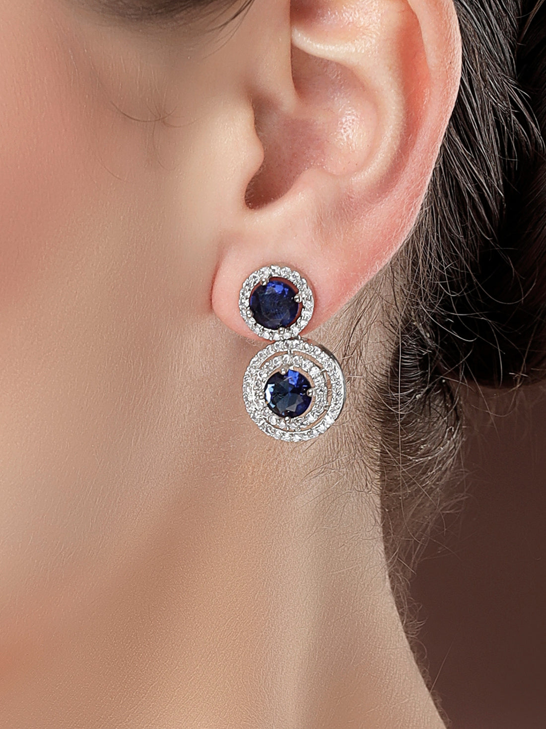 Karatcart Elegant Silver-Tone Round Blue American Diamond Drop Earrings for Women