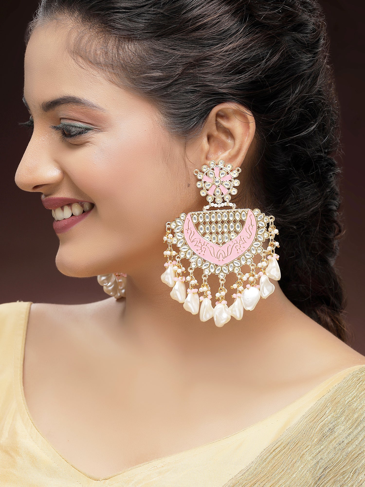KARATCART Designer Gold-Plated Pink Meena and Pearl Studded Kundan Chandbali Earrings for Women - view 3