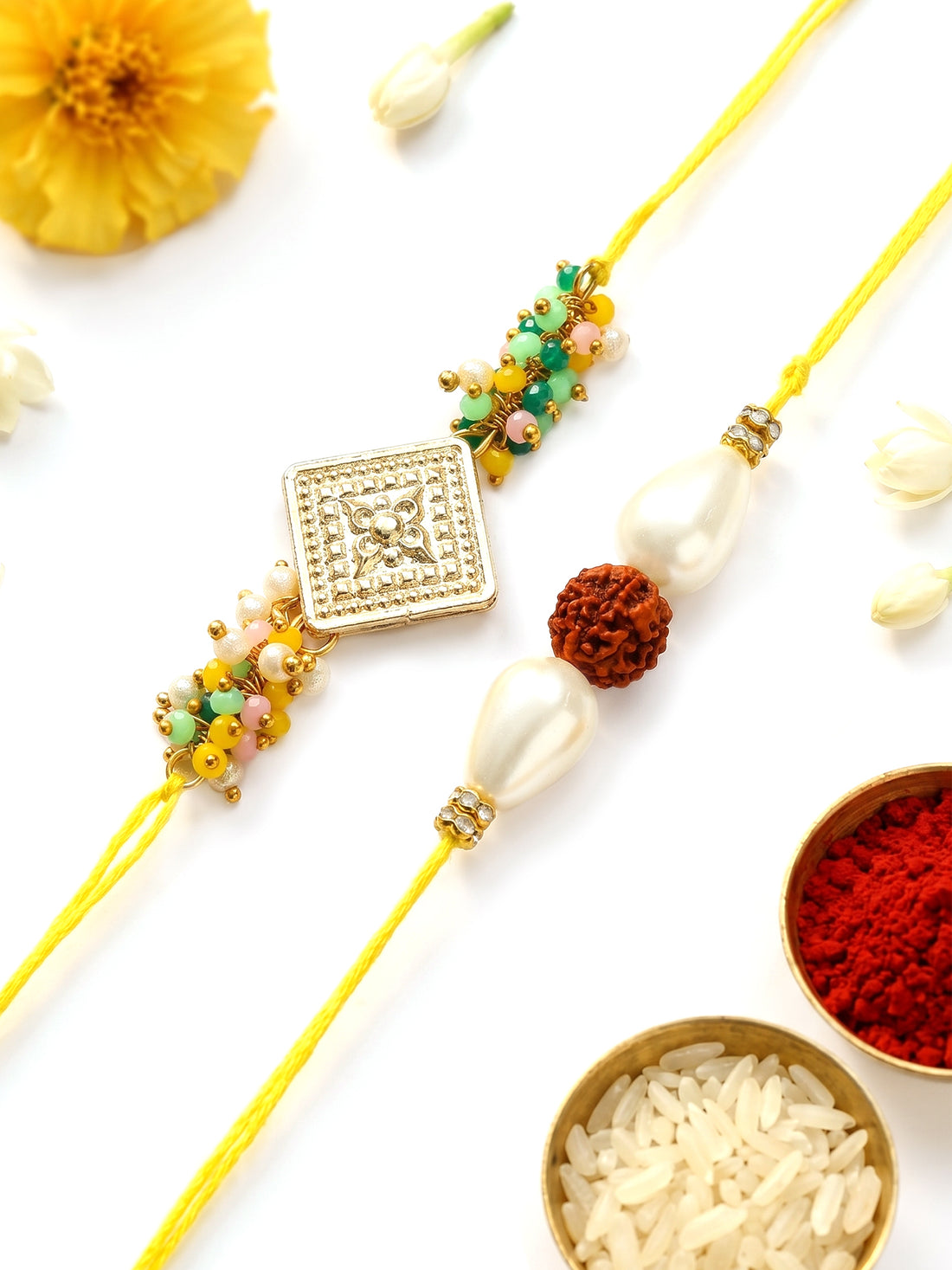 KARATCART Set of 2 Crystal and Rudraksha Handmade Kundan Rakhi for Brother with Roli & Chawal