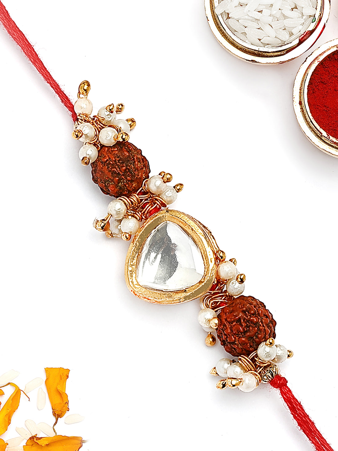 KARATCART Gold Plated Polki Kundan Rudraksha Studded Bhaiya Rakhi with Roli & Chawal
