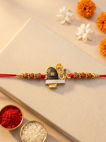 KARATCART Gold Plated Rudraksha Studded Shivling Bhaiya Rakhi with Roli & Chawal