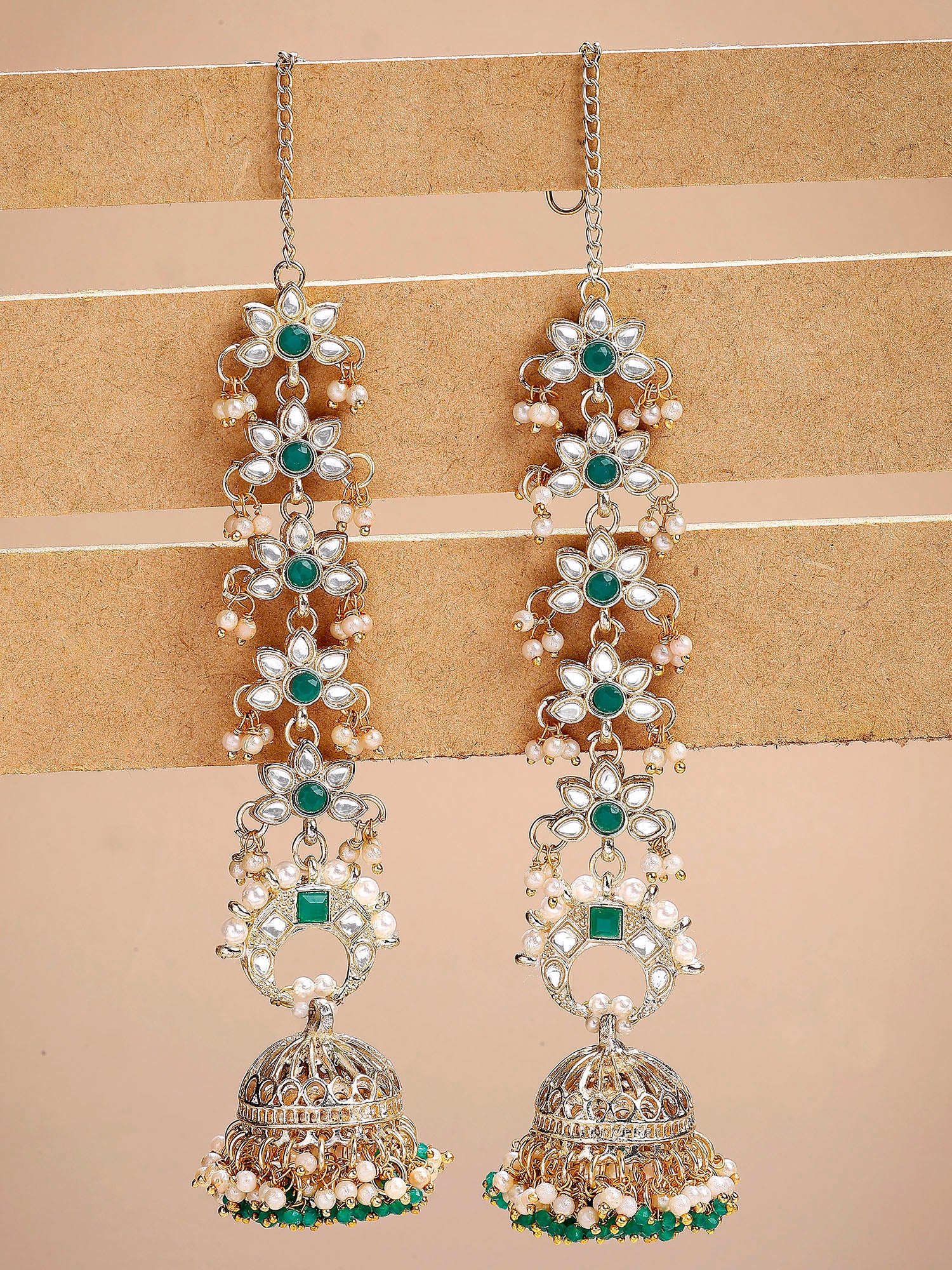 Karatcart Ethnic Gold-Plated Green Crystal Kundan Long Kaanchain Jhumka Earrings for Women