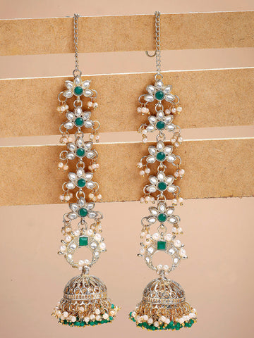 Karatcart Ethnic Gold-Plated Green Crystal Kundan Long Kaanchain Jhumka Earrings for Women