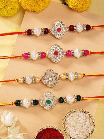 KARATCART Set of 4 Handmade Floral Design Multicolor Kundan Rakhis for Brother with Roli & Chawal