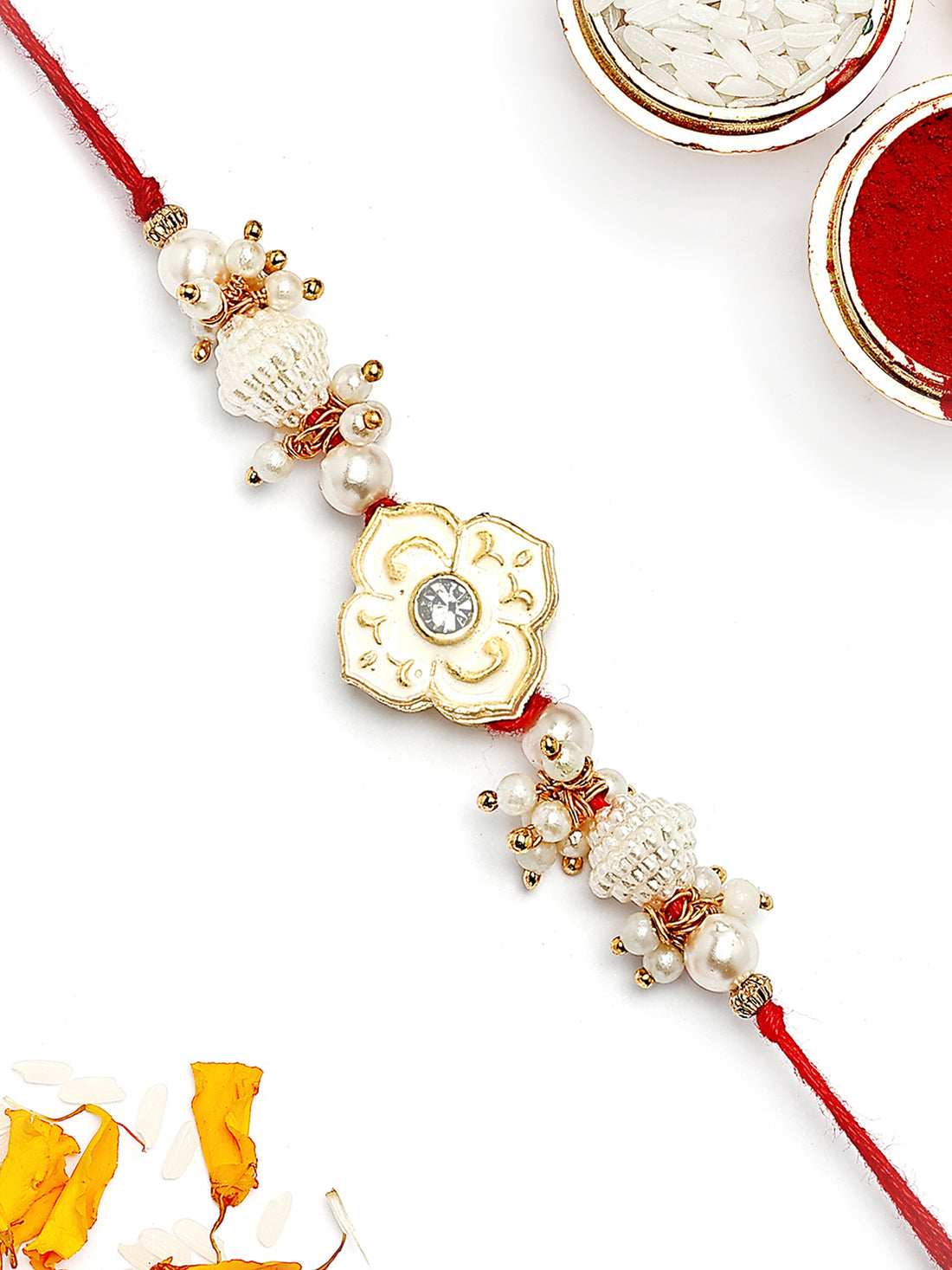 KARATCART Gold Plated White Meena Floral Kundan Bhaiya Rakhi with Roli & Chawal
