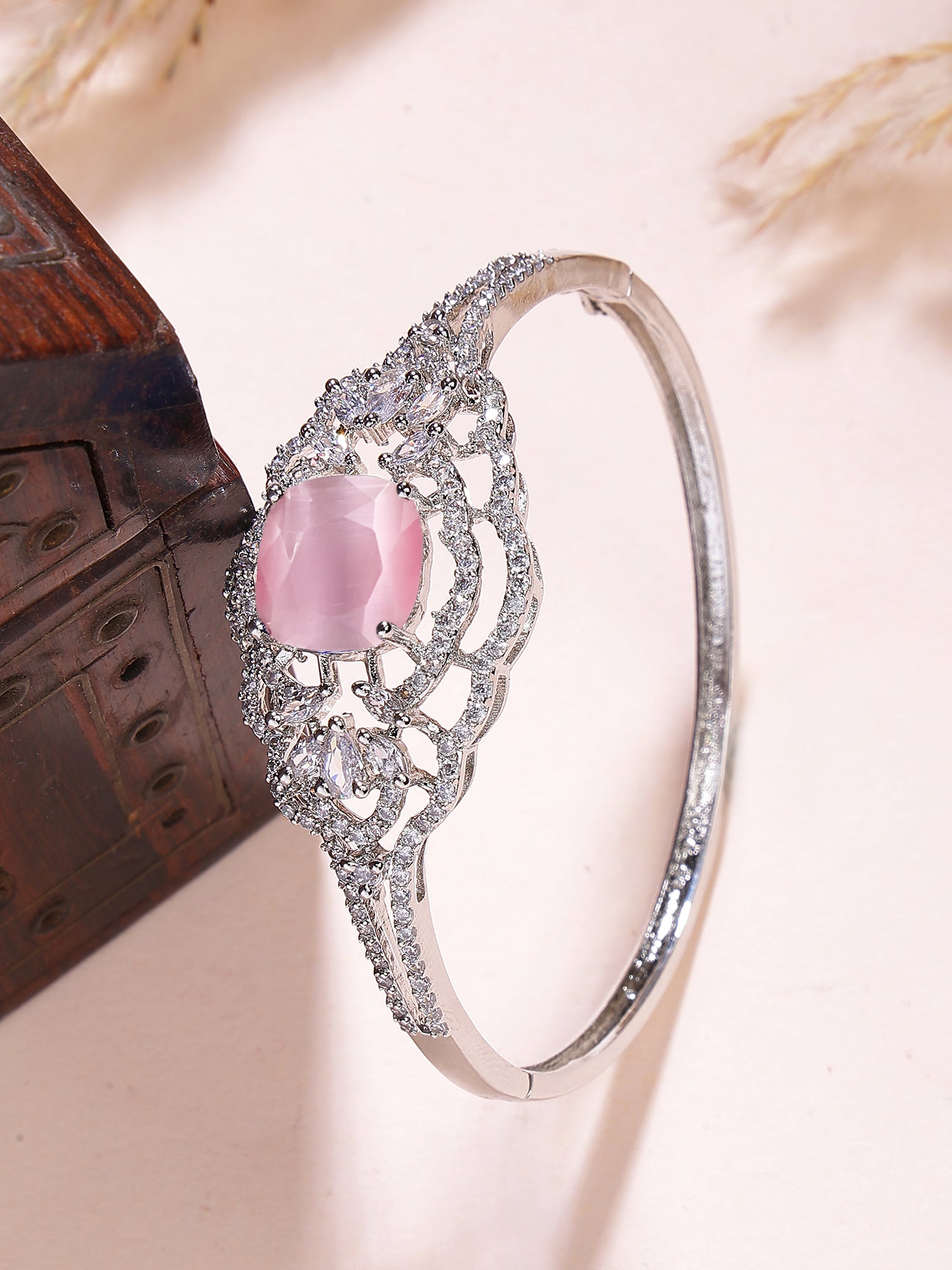 Karatcart Elegant Silver Plated Pink American Diamond Designer Bracelet for Women