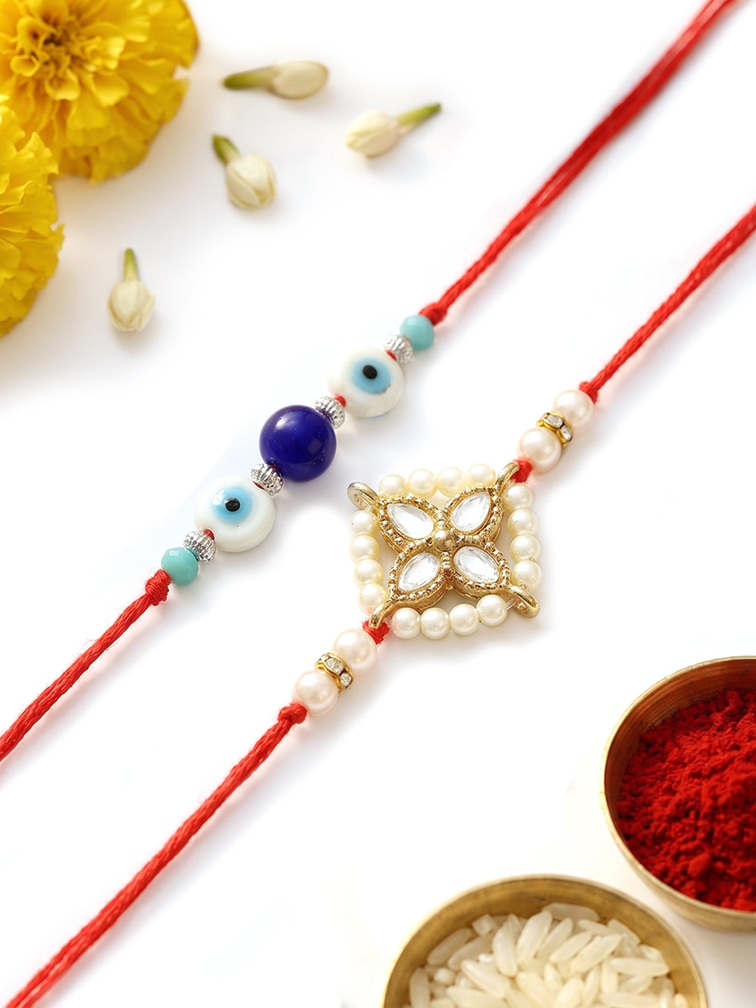 KARATCART Set of 2 Blue Bead Evil Eye Handmade Meenakari Kundan Rakhi for Brother with Roli & Chawal