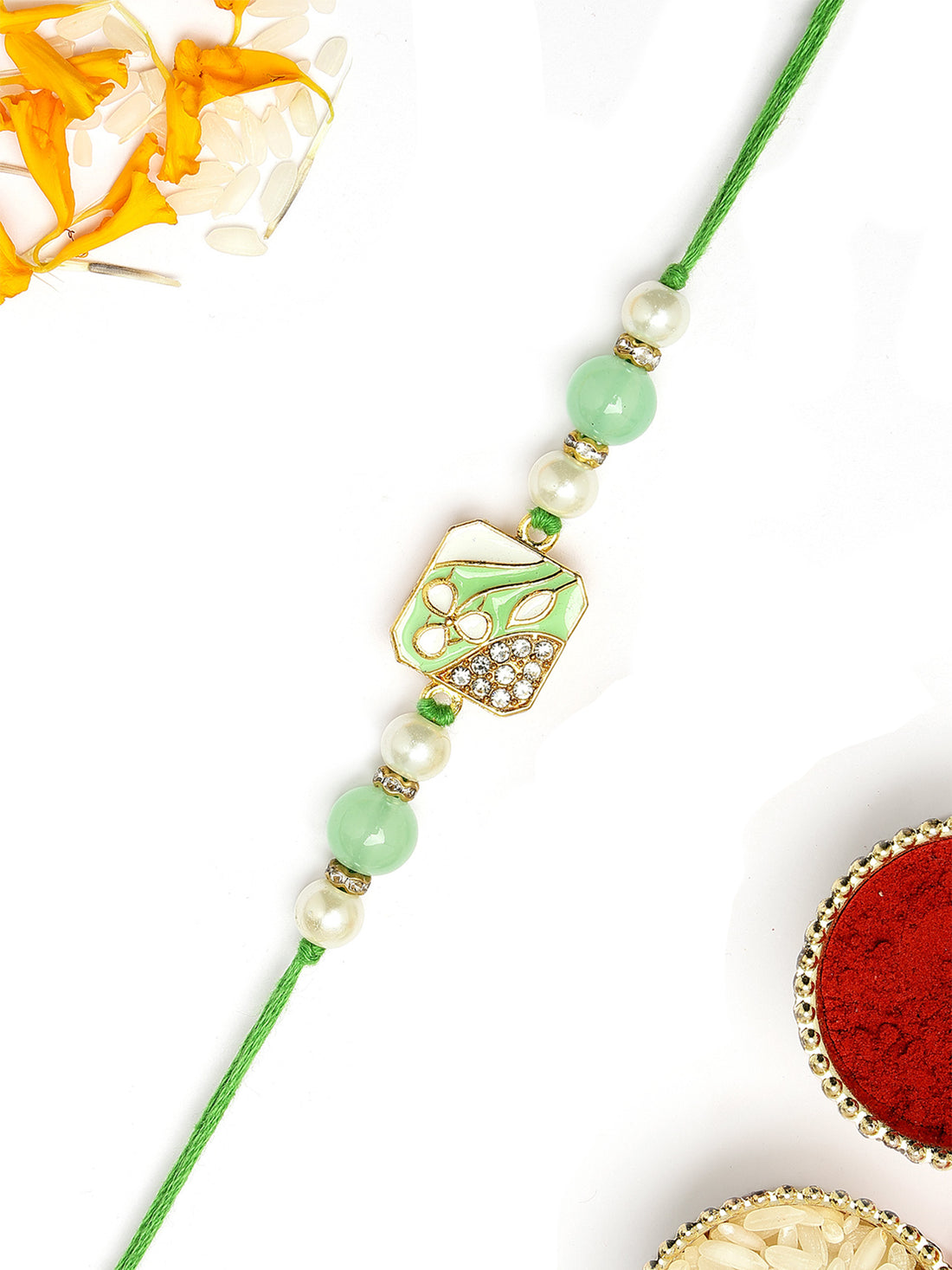 KARATCART Vibrant Light Green Meena Leaf Design Handmade Kundan Rakhi for Brother with Roli & Chawal