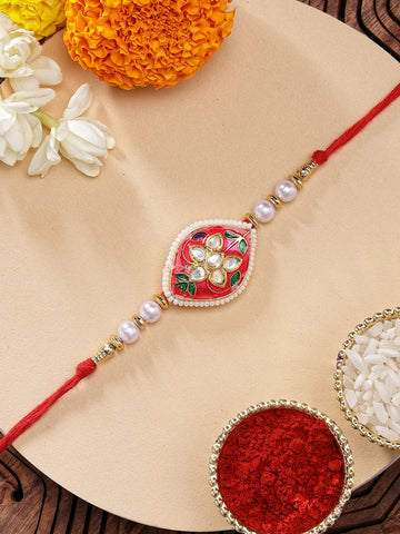KARATCART Vibrant Red Meenakari Floral Design Handmade Kundan Rakhi for Brother with Roli Chawal