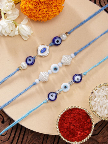 KARATCART Set of 3 Handmade Meenakari Evil Eye Kundan Rakhis for Brother with Roli & Chawal