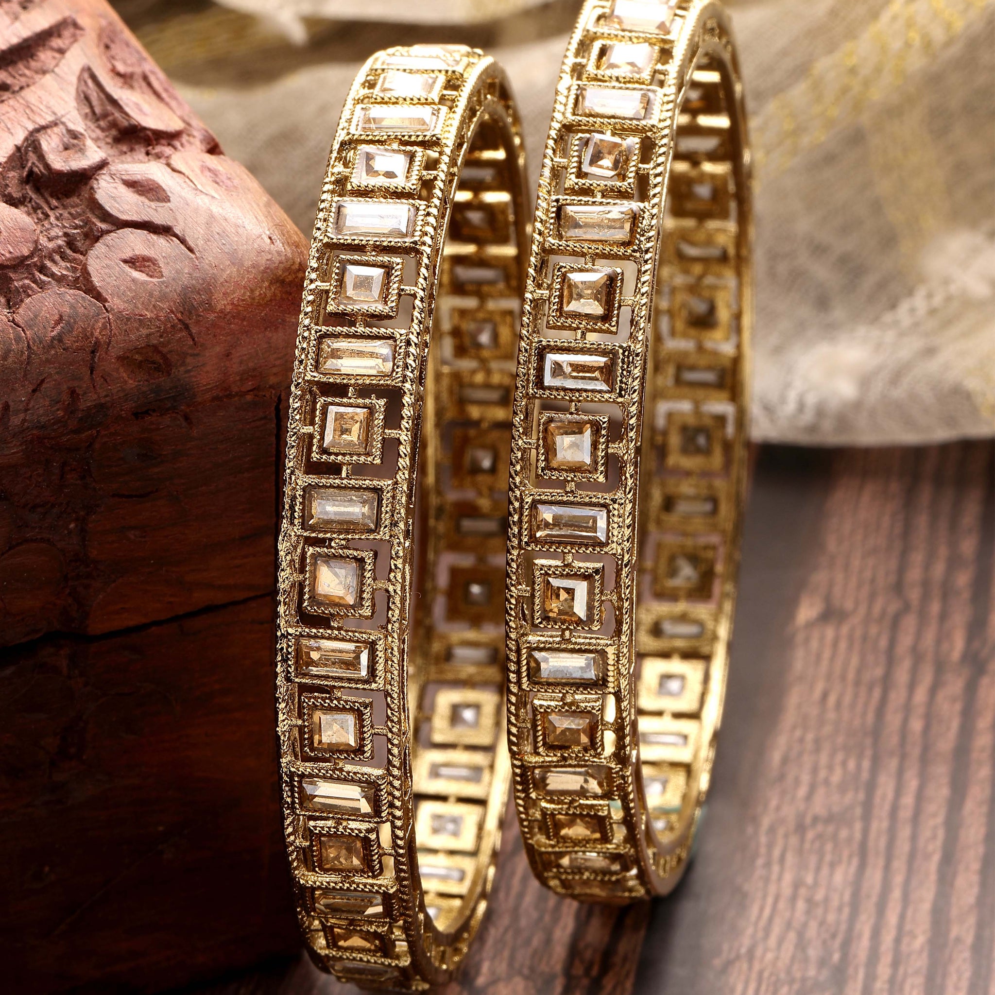 Karatcart Set of 2 Kundan Studded Antique Gold Plated Bangles for Women