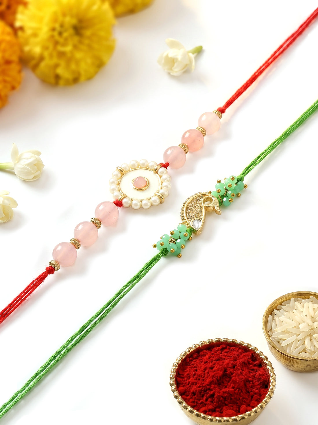 KARATCART Set of 2 Pink Beads Green Fish Shape Handmade Kundan Rakhi for Brother with Roli & Chawal