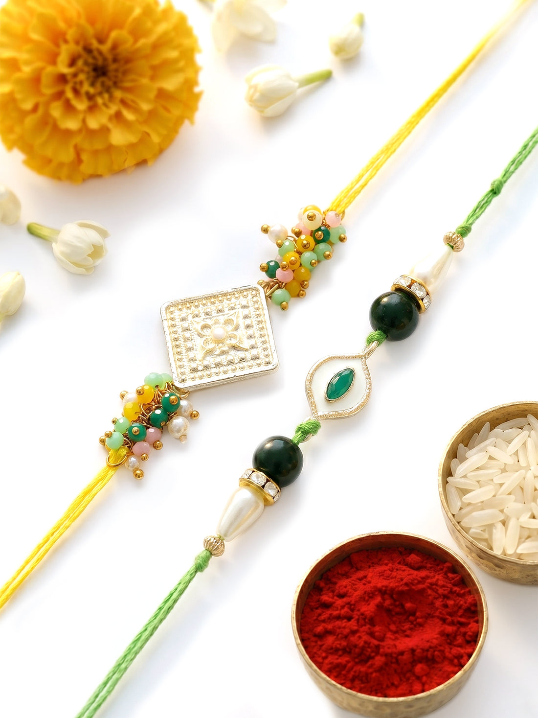 KARATCART Set of 2 Crystal and Green Evil Eye Handmade Kundan Rakhi for Brother with Roli & Chawal