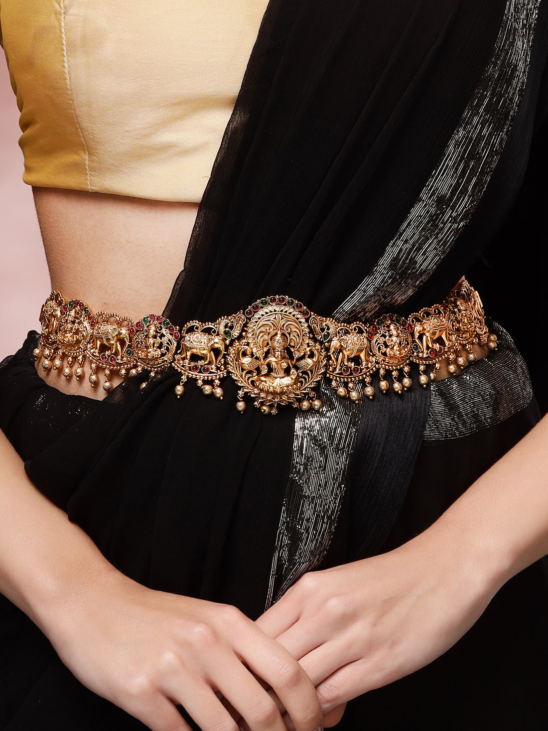 Karatcart Ethnic Temple Style Gold Plated Goddess Lakshmi Mata and Elephant Kamarbandh