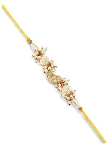 Karatcart Gold Plated Fish Design Kundan Bhiya Rakhi with Roli & Chawal