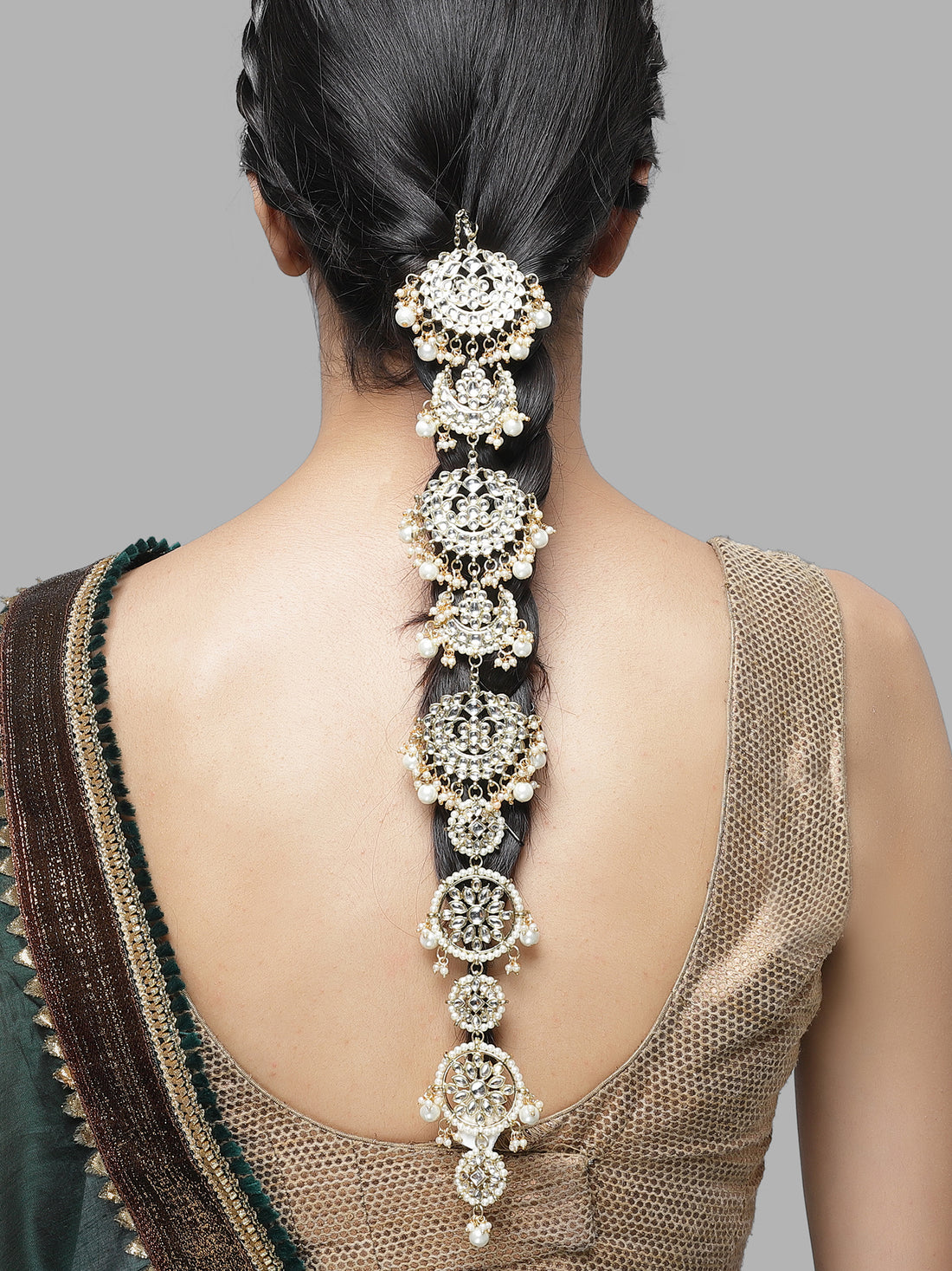 Karatcart Gold Plated Kundan and Pearl Bridal Wedding Hair Braid Choti