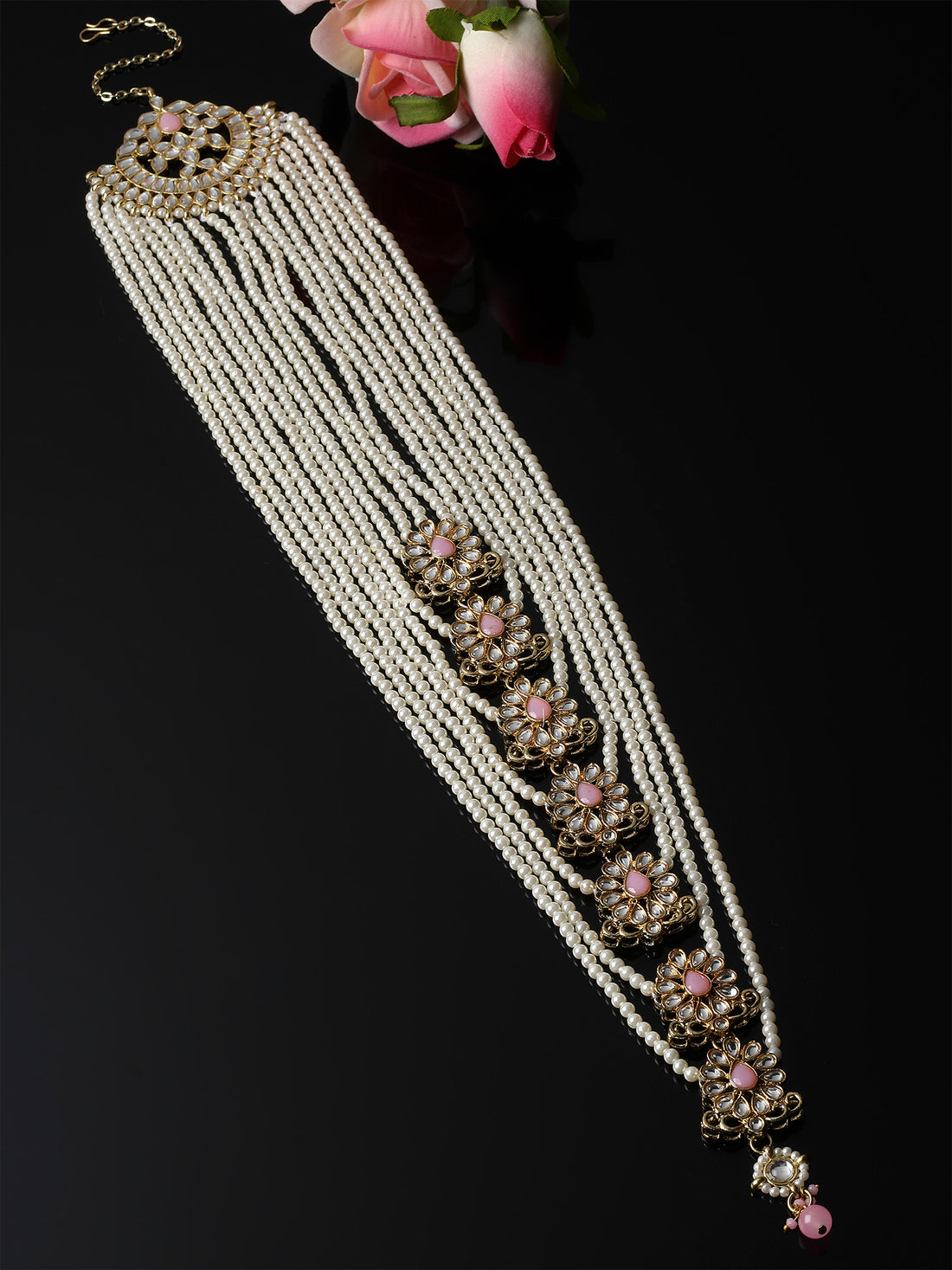 Karatcart Gold Plated Pink Kundan and Pearl Bridal Wedding Hair Braid Choti