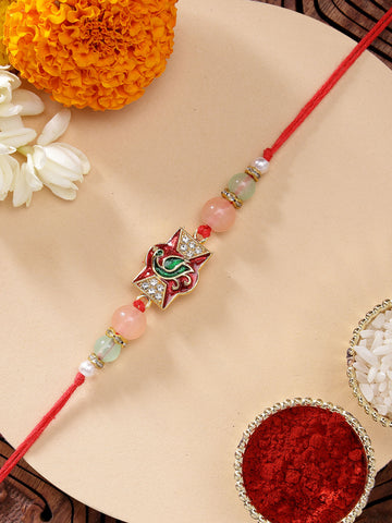 KARATCART Elegant Peacock Design Red Meenakari Handmade Rakhi for Brother with Roli Chawal