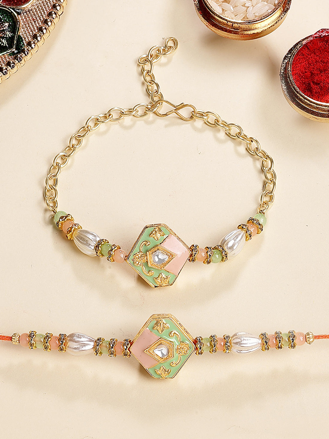 Karatcart Gold Plated Lime Green and Peach Enamel Kundan Bhiya Bhabhi Rakhi with Roli & Chawal