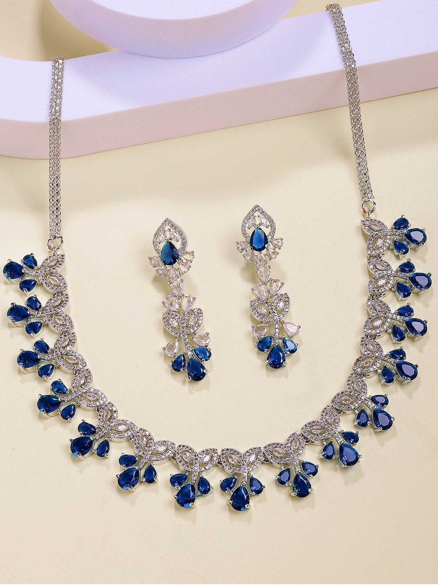 Karatcart Sparkling Blue Floral American Diamond Silver Plated Necklace Set for Women - Image 1