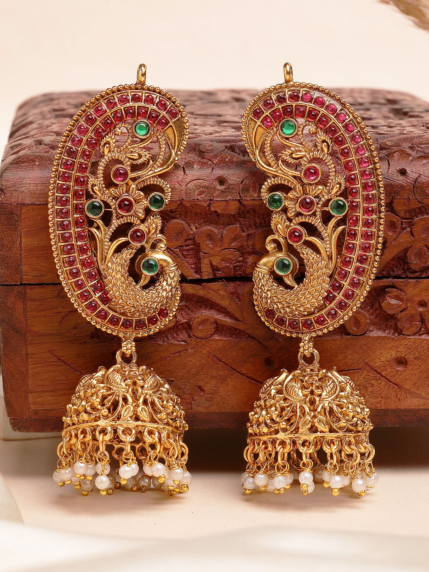 Karatcart Ethnic Gold-Plated Peacock Motif South Indian Style Jhumka Earrings for Women