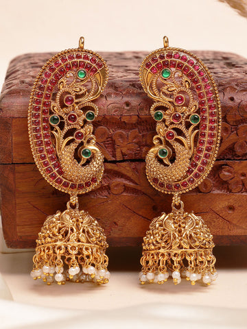 Karatcart Ethnic Gold-Plated Peacock Motif South Indian Style Jhumka Earrings for Women