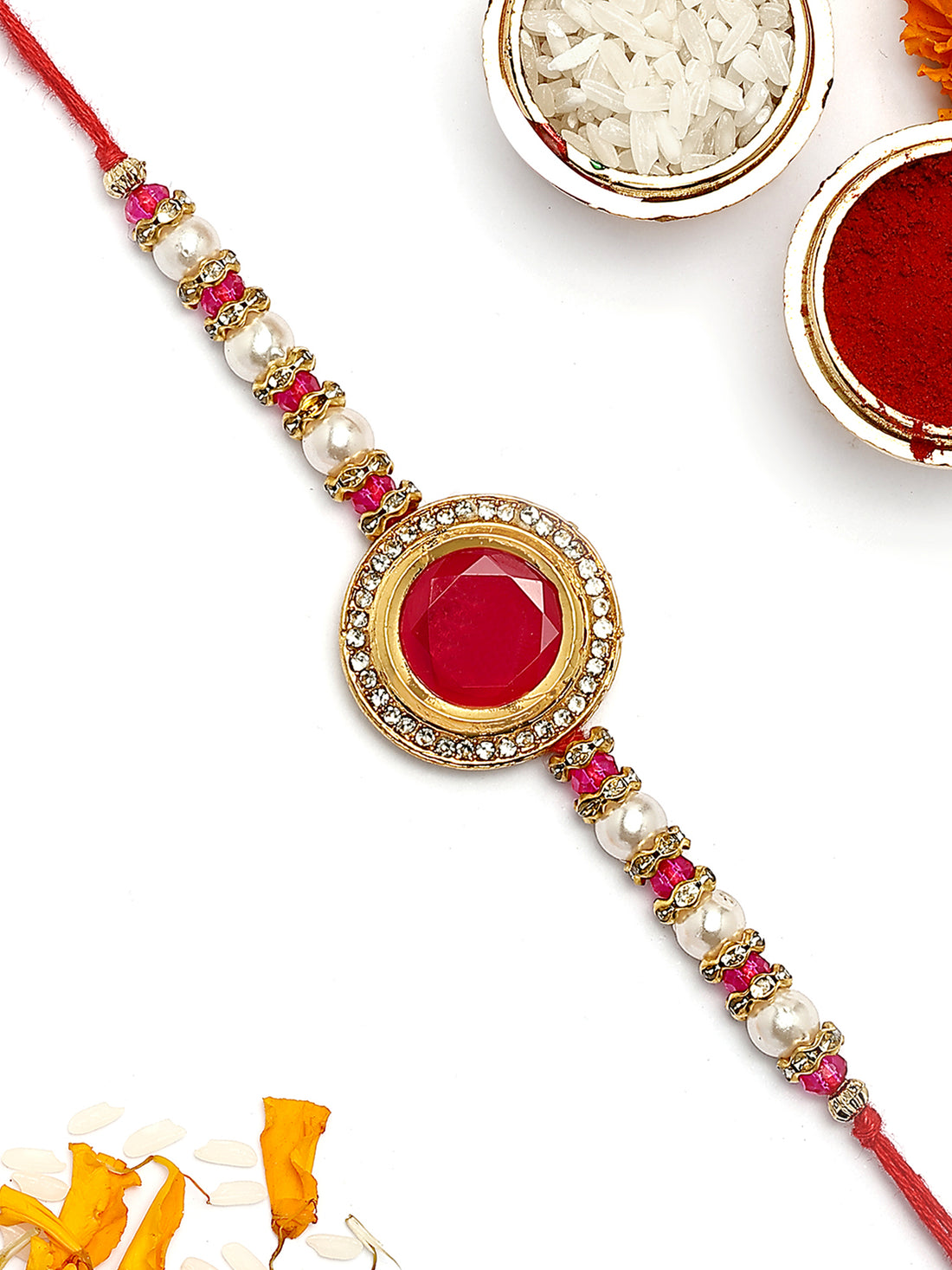 KARATCART Gold Plated Red Polki Kundan Bhaiya Rakhi with Roli & Chawal