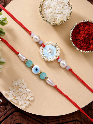 KARATCART Set of 2 Evil Eye Handmade Light Blue Kundan Rakhi for Brother with Roli and Chawal