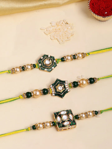 KARATCART Set of 3 Green Enamel Star Design Kundan Rakhi for Brother with Roli & Chawal