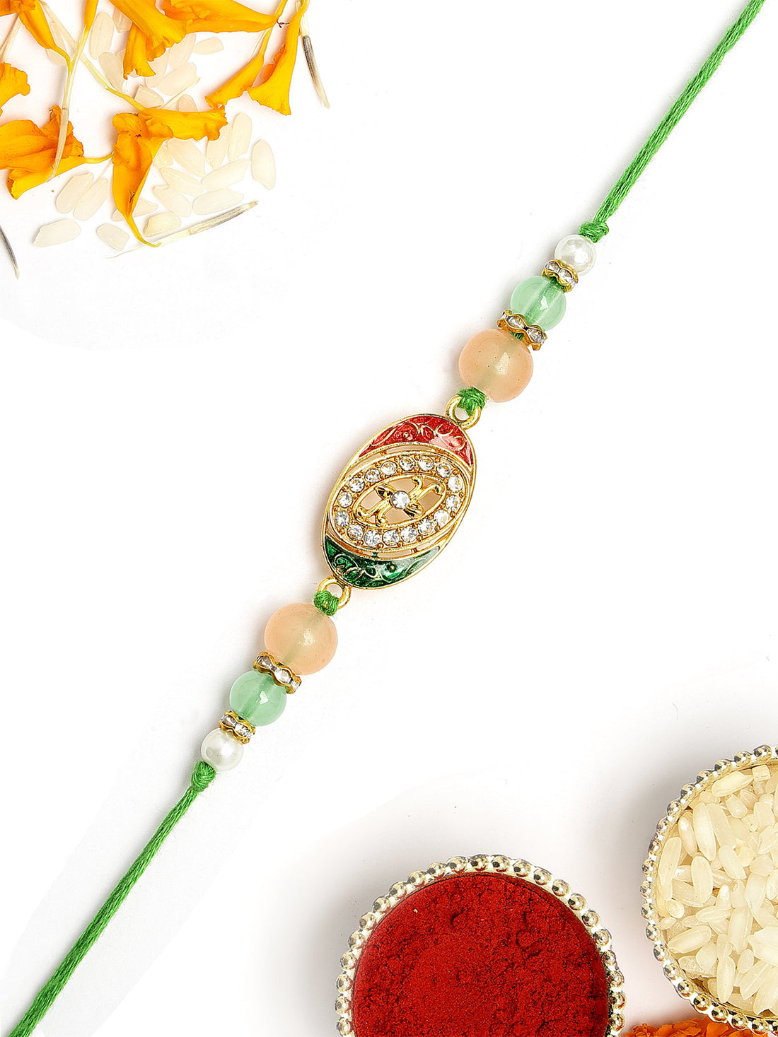 KARATCART Beautiful Crystal Studded Meenakari Handmade Rakhi for Brother with Roli & Chawal