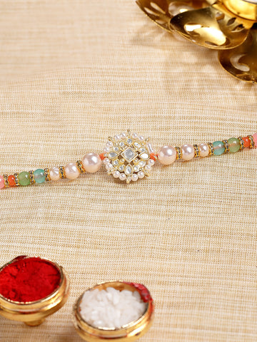 KARATCART Gold Plated Multicolor Beads Floral Kundan Bhaiya Rakhi with Roli & Chawal