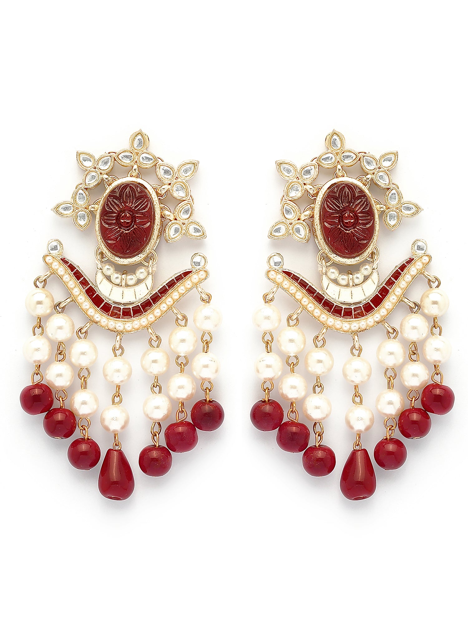 KARATCART Elegant Gold-Plated Red Carved Stone and Pearl Studded Kundan Dangler Earrings for Women - view 4