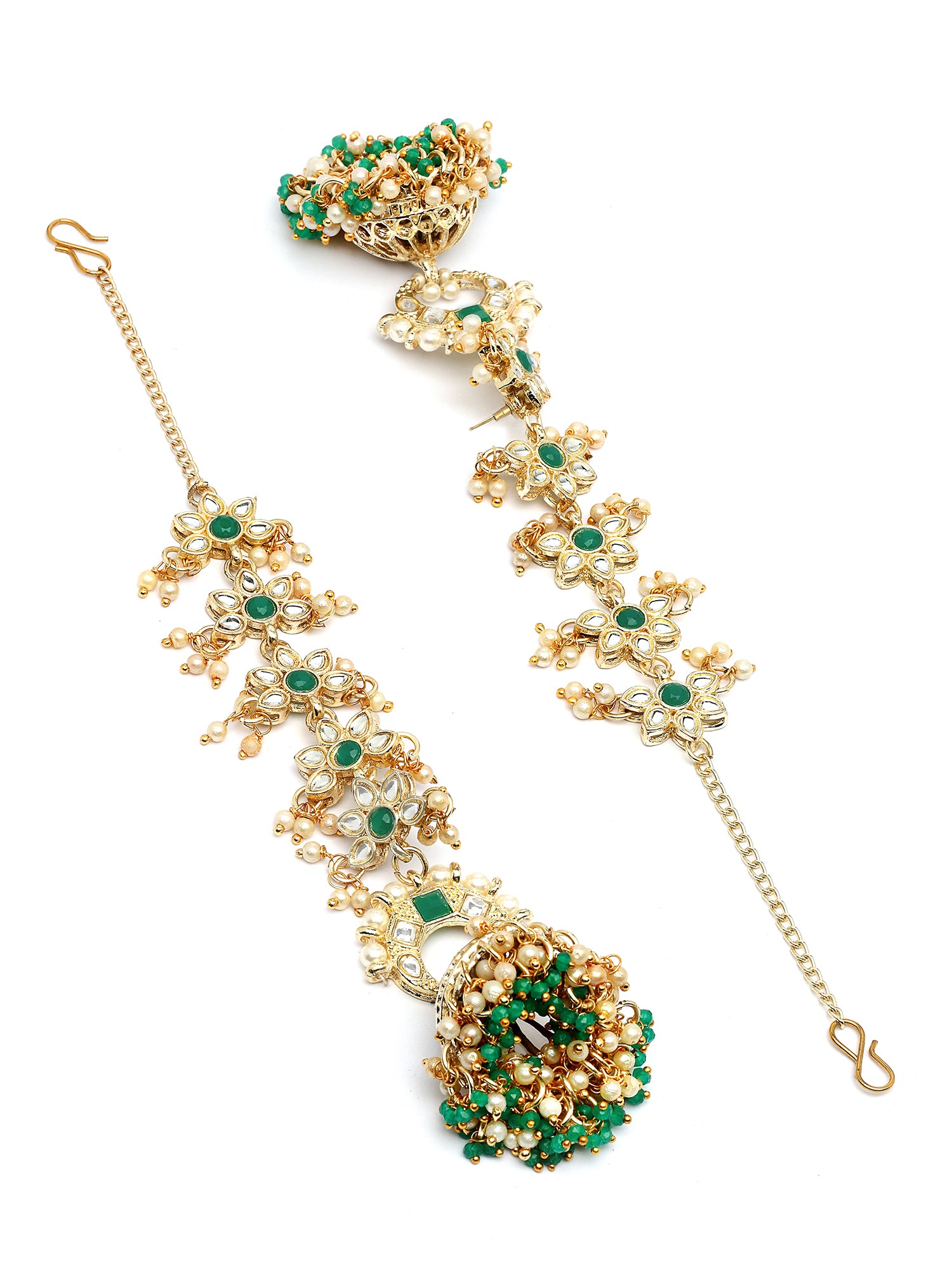 Karatcart Ethnic Gold-Plated Green Crystal Kundan Long Kaanchain Jhumka Earrings for Women - view 5