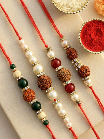 KARATCART Set of 4 Gold-Plated Kundan Rakhi with Roli Chawal for Brother