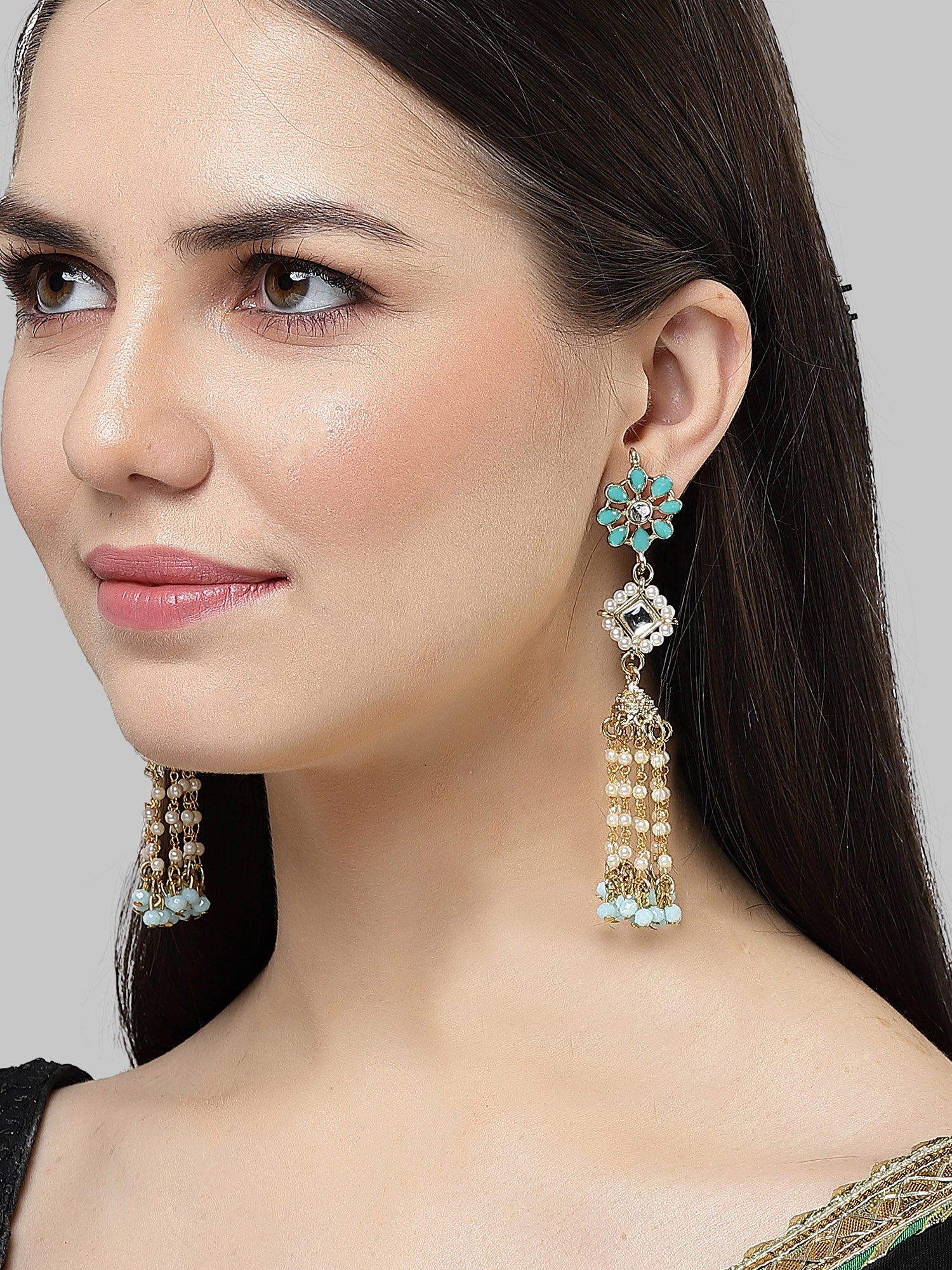 Karatcart Gold Plated Light Blue Kundan Drop Earrings for Women