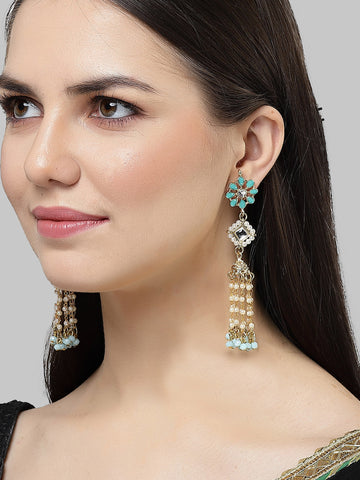 Karatcart Gold Plated Light Blue Kundan Drop Earrings for Women