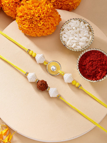 KARATCART Set of 2 Yellow Evil Eye & Rudraksha Handmade Kundan Rakhi for Brother with Roli & Chawal
