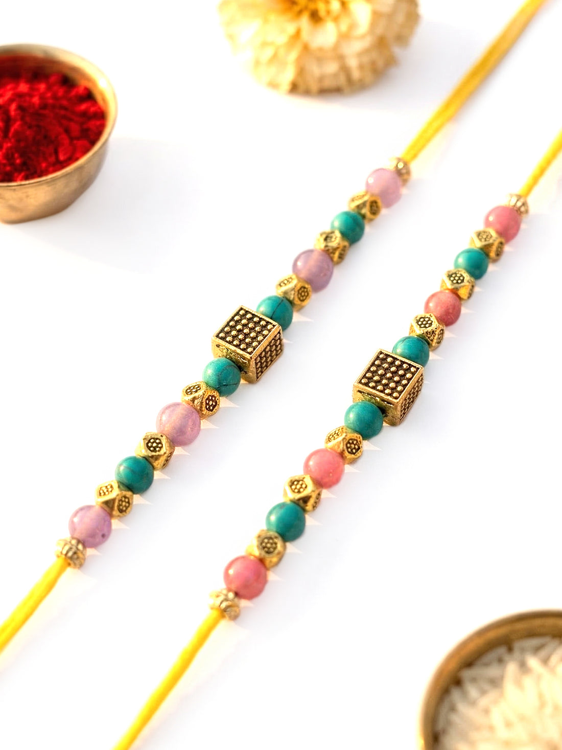 KARATCART Set of 2 Designer Cube Charm Multicolor Beads Kundan Rakhi for Brother with Roli & Chawal
