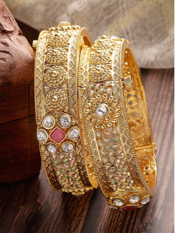 Karatcart Set of 2 Gold Plated Floral AD Studded Meena Bangles for Women