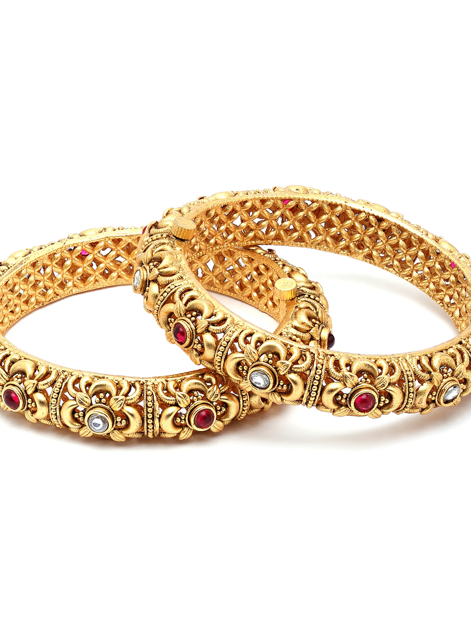Karatcart Rajwadi Set of 2 Antique Gold Plated Floral Rajwadi Temple Bangles for Women