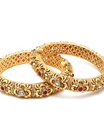 Karatcart Rajwadi Set of 2 Antique Gold Plated Floral Rajwadi Temple Bangles for Women