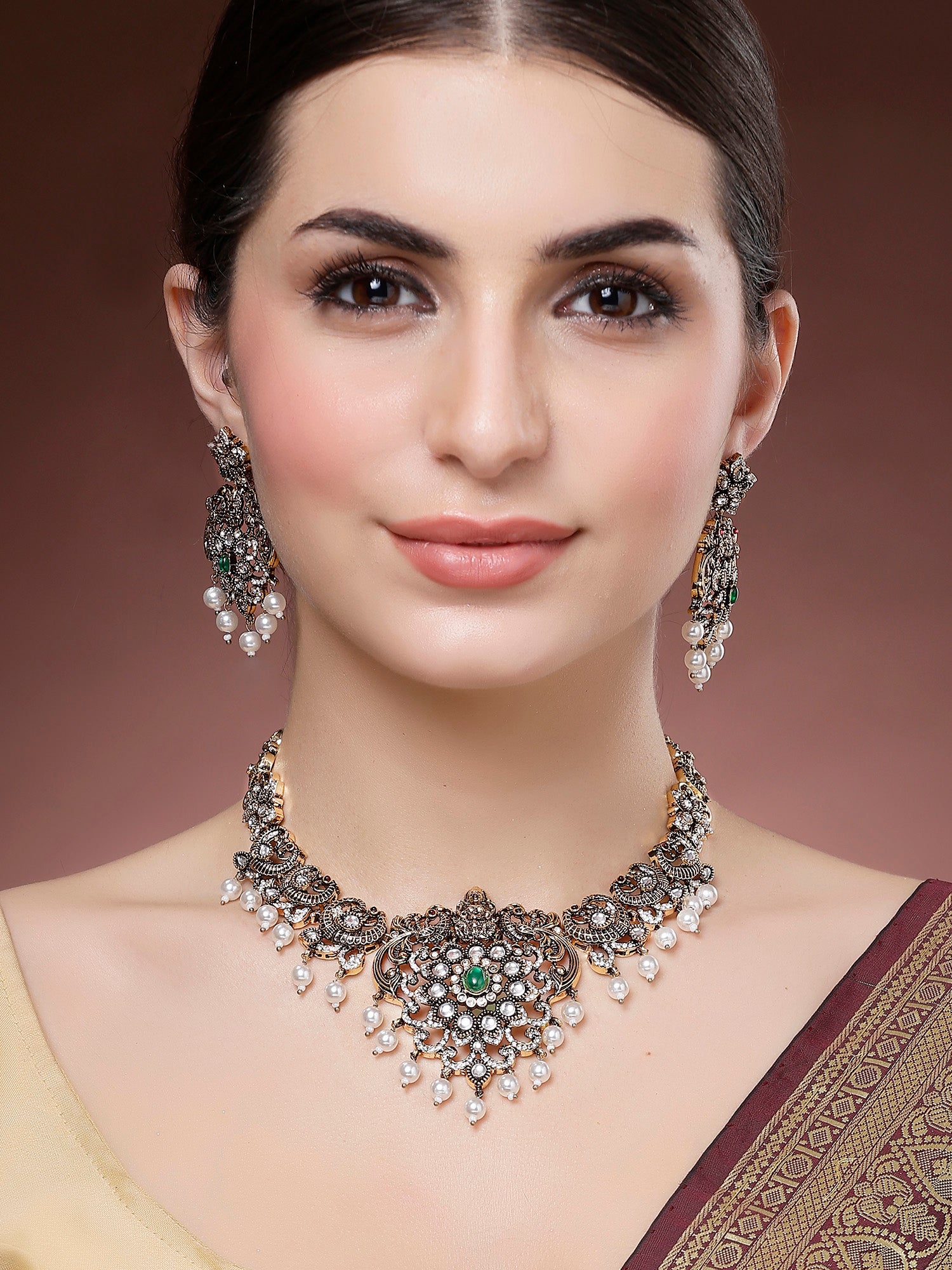 Karatcart Antique Gold Plated Green Stone Temple Jewellery Set for Women - view 3