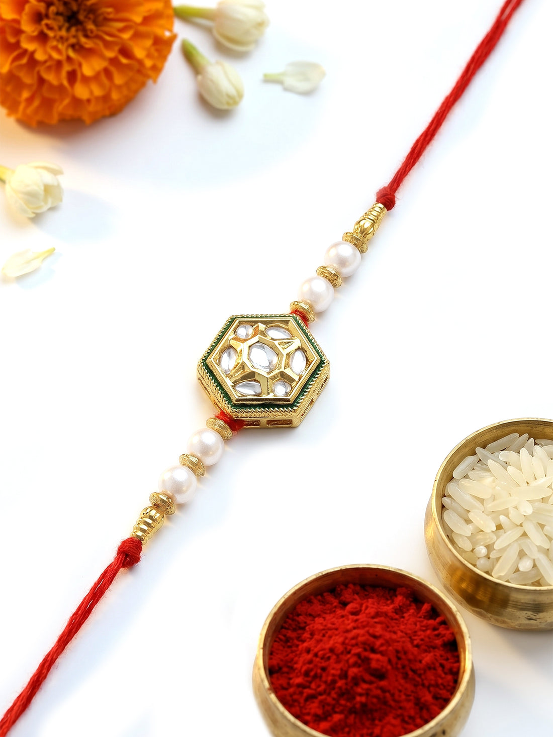 KARATCART Elegant White Pearl and Polki Kundan Handmade Rakhi for Brother with Roli Chawal
