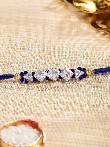 KARATCART Blue Crystal and Rhinestones Bhaiya Rakhi with Roli & Chawal
