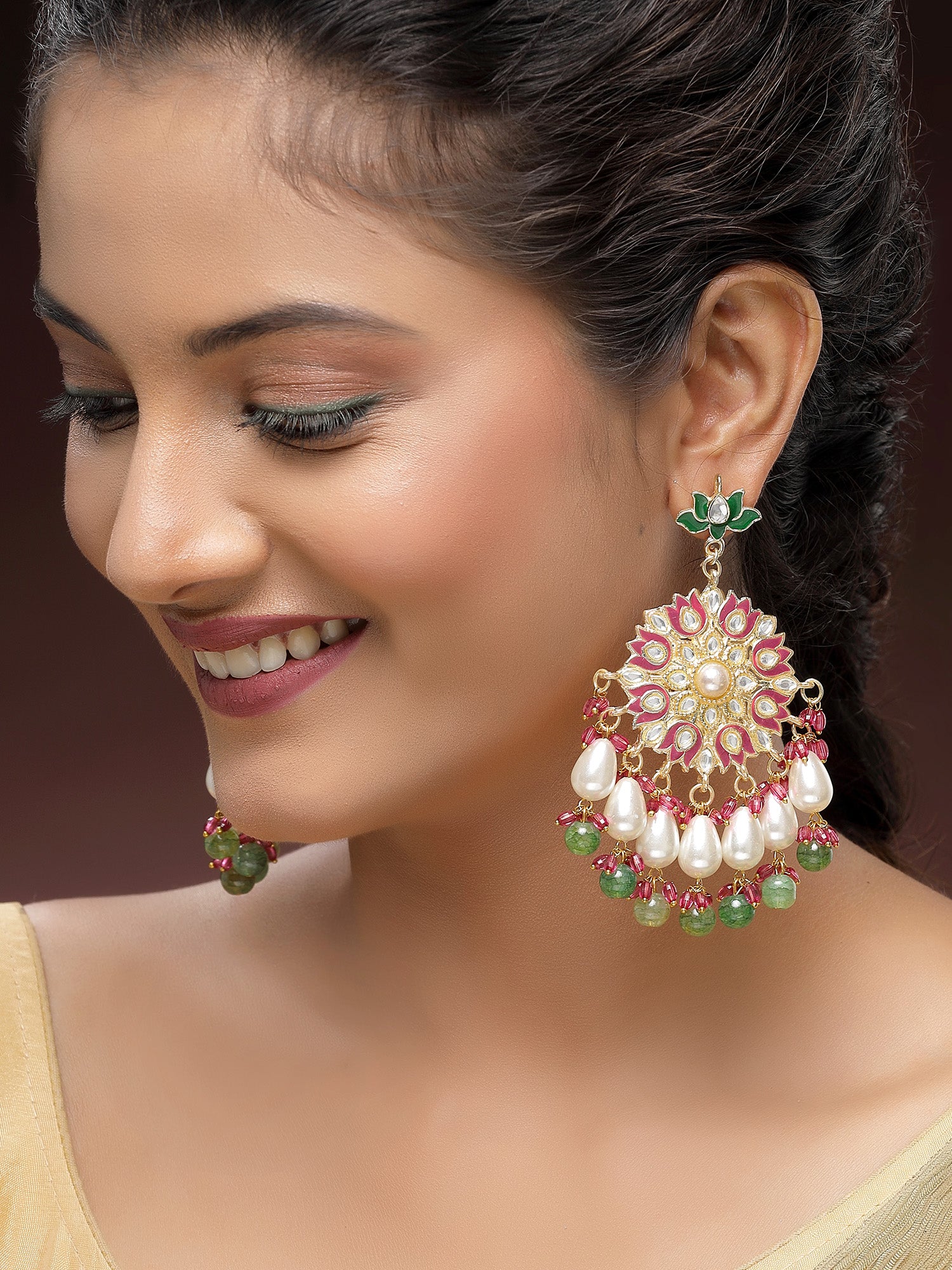 KARATCART Gold-Plated Floral Pink Meena Green Beads Kundan Dangler Earrings for Women - view 2