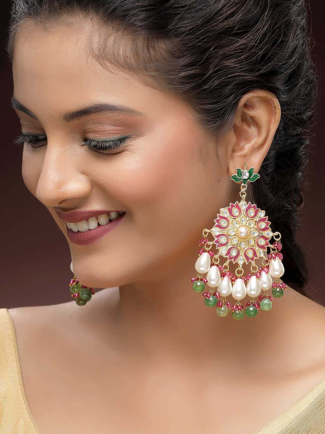 KARATCART Gold-Plated Floral Pink Meena Green Beads Kundan Dangler Earrings for Women