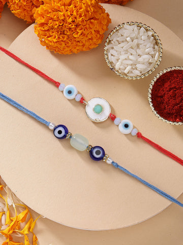 KARATCART Set of 2 Light Blue Evil Eye Handmade Kundan Rakhi for Brother with Roli & Chawal
