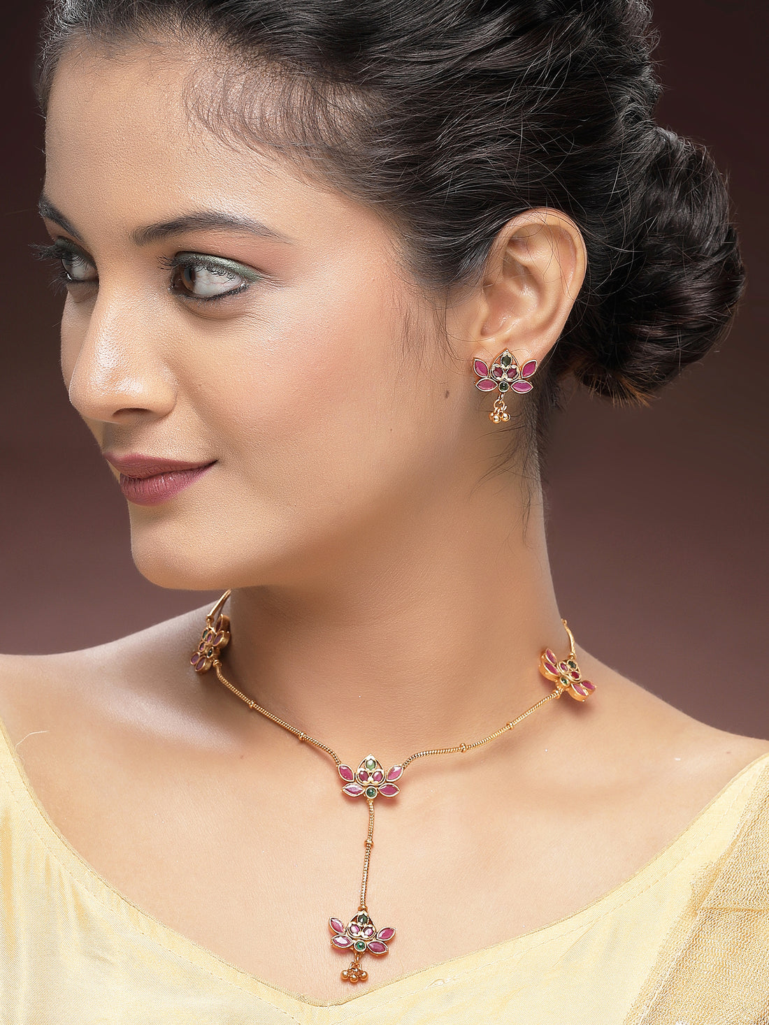 KARATCART Minimalist Gold-Plated Red and Green Stone Lotus Design Necklace Set for Women