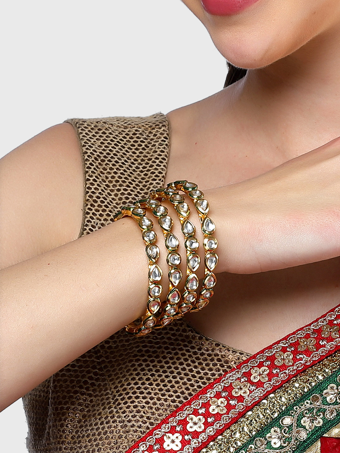 Karatcart Set of 4 Gold Plated Round and Drop Shape Polki Kundan Studded Bangles for Women